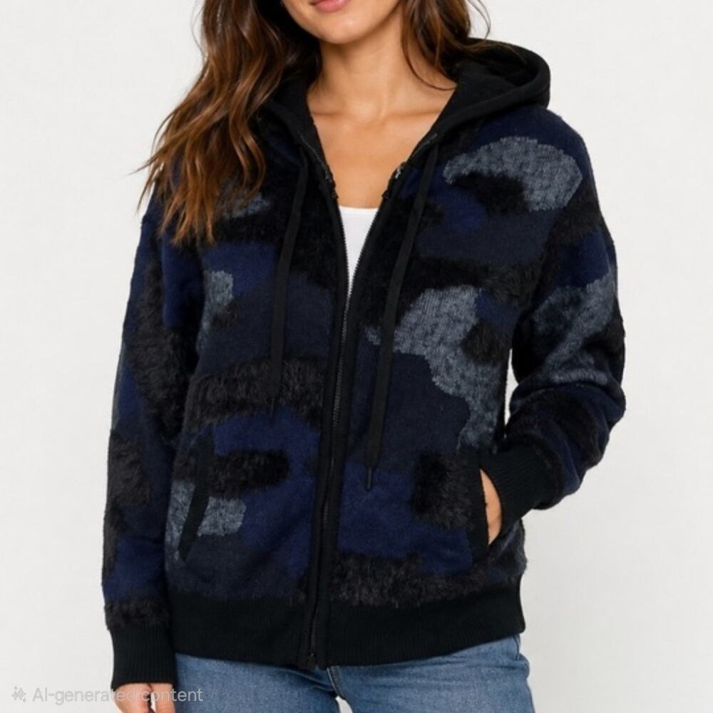 Anatomie Ciara Plush 3D Camo Cozy Knit Full Zip Hoodie Sweater Large